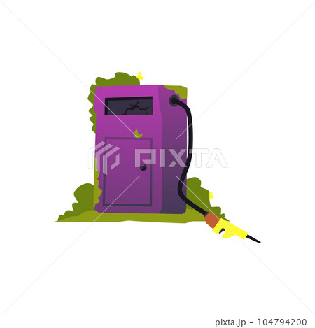 Broken and abandoned gasoline pump overgrown with grass, cartoon flat vector illustration isolated on white background. 104794200