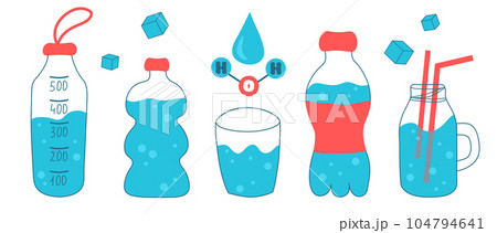 Drink water. H2O set. Sport bottles, glass, flask collection. Vector hand drawn flat illustration. 104794641