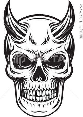 devil skull head have horns black and white illustration 104794757