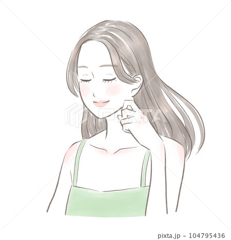 手ポーズをして目を閉じて笑みを浮かべる髪のきれいな女性　 104795436