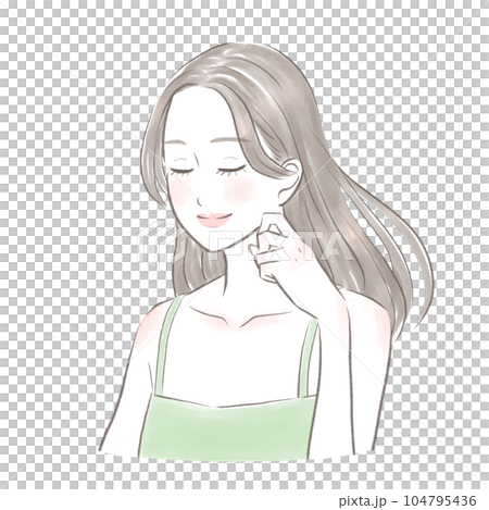 一個頭髮美麗的女人，雙手擺姿勢，閉上眼睛微笑 104795436