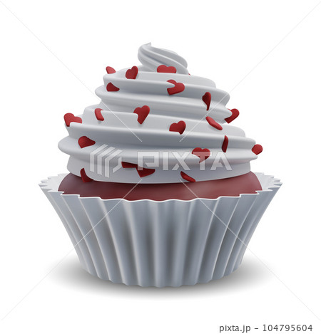 Valentines day cupcake, cute sweets food. Party homemade muffin with hearts on whipped white cream swirl. Valentines day cupcake, cute sweets food. Party homemade muffin with hearts on whipped white cream swirl. 104795604