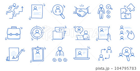 Doodle line icon set work, business job search. Doodle sketch hand drawn style employee search, business work career, company people team icon. Job interview, team person concept. Vector 104795783