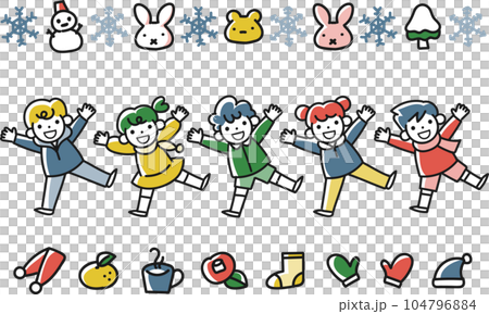 冬季圖像主題集，孩子們微笑著跳躍 104796884