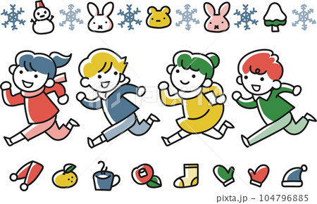 笑顔で走る子供たちと冬イメージのモチーフセット 笑顔で走る子供たちと冬イメージのモチーフセット 104796885