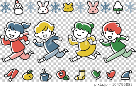 笑顔で走る子供たちと冬イメージのモチーフセット 笑顔で走る子供たちと冬イメージのモチーフセット 104796885
