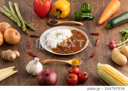 バターチキンカレーと野菜 curry rice and vegetables バターチキンカレーと野菜 curry rice and vegetables 104797036