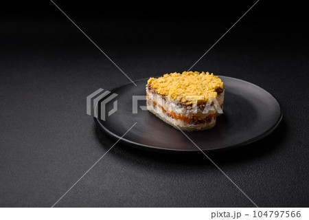 Delicious fresh mimosa salad with canned fish, egg, moinese, cheese, salt and spices Delicious fresh mimosa salad with canned fish, egg, moinese, cheese, salt and spices 104797566