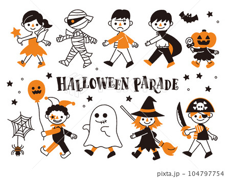 ハロウィンの仮装パレード／ゆるくてかわいい手書きのベクターイラスト 104797754