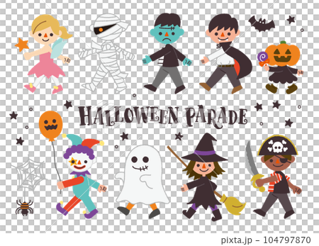 ハロウィンの仮装パレード／ゆるくてかわいい手書きのベクターイラスト 104797870