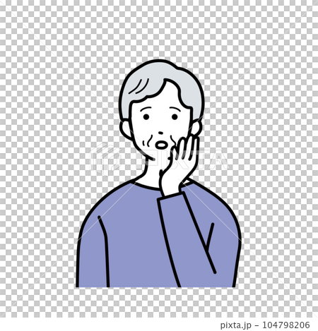 A simple illustration of a senior woman thinking with her hand on her cheek 104798206