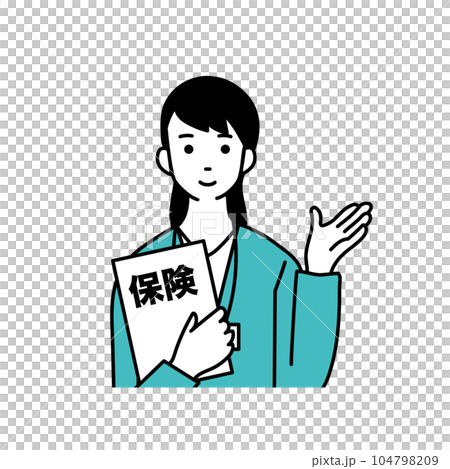 Illustration of a woman in a suit giving insurance information 104798209