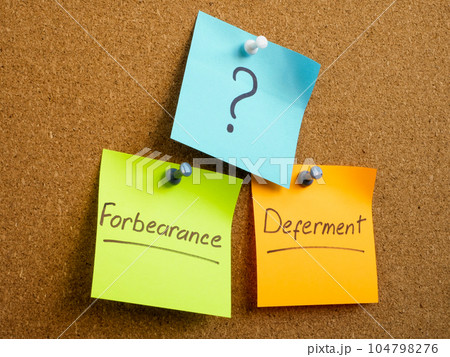 Forbearance and deferment concept. Stickers are pinned to the board. 104798276