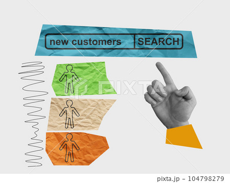 Collage with hand and word search new customers. Collage with hand and word search new customers. 104798279