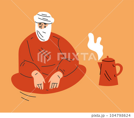 Man Tourist Camping in Desert Sitting Near Hot Teapot Vector Illustration 104798624