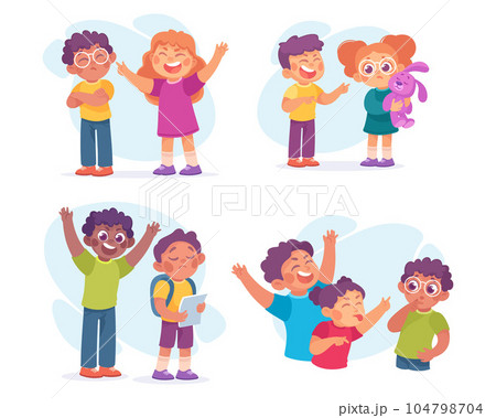 Angry Kids Bullying and Abusing the Weak Agemate Teasing and Laughing at Them Vector Set 104798704