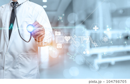Doctor showing stethoscope and medical icons at hospital. Medical health care and medical services. 104798705