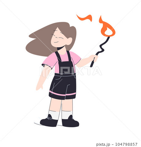 Little Girl Holding Stick Playing with Fire Vector Illustration 104798857