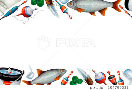 Watercolor drawing banner from various fishing bobblers, fish, buckets, clover leaves, fishing nets, fishing line, bait cans with white background in the middle. Angling gear for postcards, photoframe 104799031