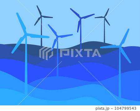 Green energy, wavy landscape with wind turbines in a minimalist style. Wind park. Renewable green energy, clean electricity production. Environmentally friendly wind energy. Vector illustration Green energy, wavy landscape with wind turbines in a minimalist style. Wind park. Renewable green energy, clean electricity production. Environmentally friendly wind energy. Vector illustration 104799543