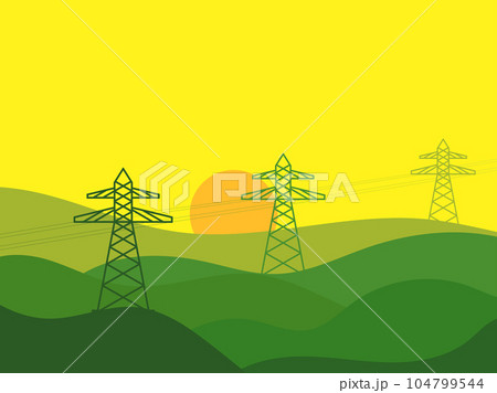 Power lines at sunset. Wavy landscape in a minimalist style with power pylons. Transmission towers and green fields . Design for posters, prints and banners. Vector illustration Power lines at sunset. Wavy landscape in a minimalist style with power pylons. Transmission towers and green fields . Design for posters, prints and banners. Vector illustration 104799544