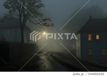 An empty illuminated ghost town street lamps lighting up the road through the trees and village in a fog on a rainy autumn day, street lanterns. English countryside scenes. Halloween background An empty illuminated ghost town street lamps lighting up the road through the trees and village in a fog on a rainy autumn day, street lanterns. English countryside scenes. Halloween background 104800099