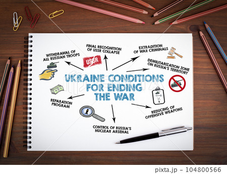 Ukraine conditions for ending the war. Notebooks, pen and colored pencils on a wooden table 104800566