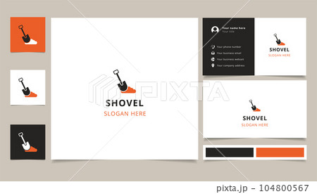 Shovel logo design with editable slogan. Branding book and business card template. 104800567