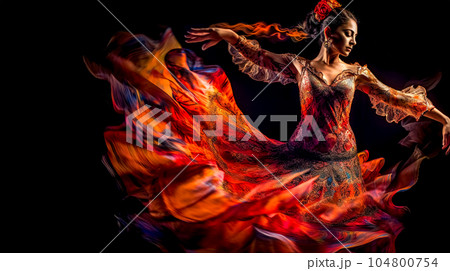flamenco dancing sensual woman in a red dress on black background, made with Generative AI 104800754