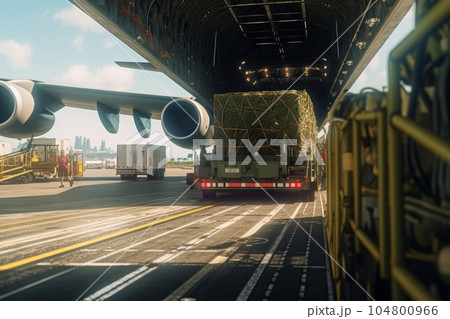 Loading transport aircraft in the airfield of cargo terminal. Large bales on the trolley ready for loading into the aircraft open cargo hold. Global freight transportation concept. 3D illustration. 104800966
