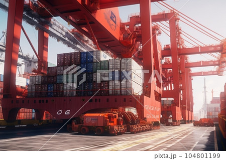 View from the ground to a huge port crane. Loading containers from a railway platform onboard a container ship. Global cargo transportation and logistics concept. 3D illustration. 104801199