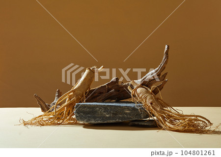 Abstract background with minimalist style for product display on stone with ginseng roots and dry twig on brown background. Front view, ginseng root with natural origin has many health benefits 104801261