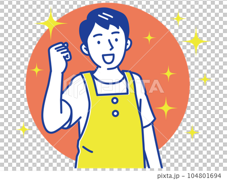 A young nursery teacher man who makes a guts pose in an apron A young nursery teacher man who makes a guts pose in an apron 104801694