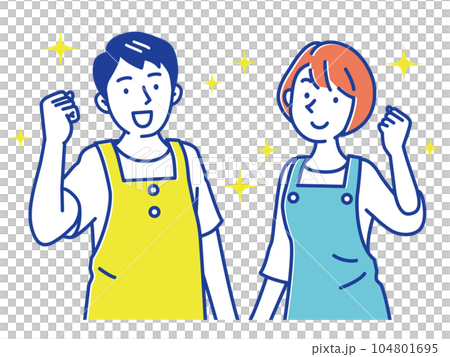 エプロン姿でガッツポーズする若い男女 エプロン姿でガッツポーズする若い男女 104801695