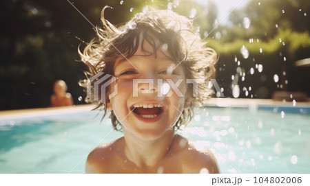 プールで楽しく遊ぶ子供 男の子 AI生成画像 child boy at swimming pool 104802006