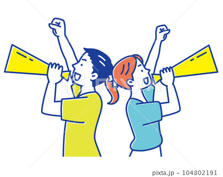 メガホンてを使って背中合わせで応援する若い男女 104802191