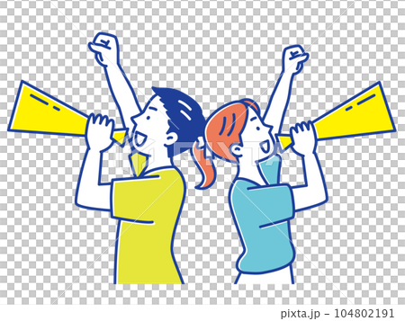 メガホンてを使って背中合わせで応援する若い男女 104802191