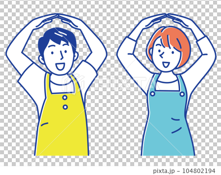 手で正解の丸を作るエプロン姿の若い女性と男性 手で正解の丸を作るエプロン姿の若い女性と男性 104802194
