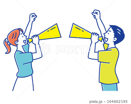 メガホンを使って応援する若い男性と女性 メガホンを使って応援する若い男性と女性 104802195
