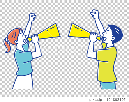 メガホンを使って応援する若い男性と女性 メガホンを使って応援する若い男性と女性 104802195