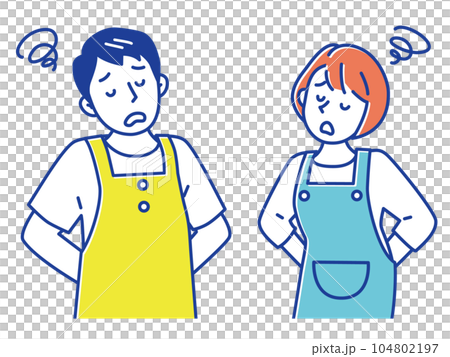 悩んで困っているエプロン姿の若い男女 104802197