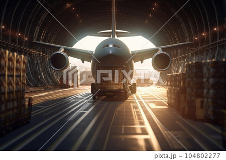 Loading transport aircraft in the hangar of cargo terminal. Large bales on the trolley ready for loading into the aircraft open cargo hold. Global freight transportation concept. 3D illustration. Loading transport aircraft in the hangar of cargo terminal. Large bales on the trolley ready for loading into the aircraft open cargo hold. Global freight transportation concept. 3D illustration. 104802277