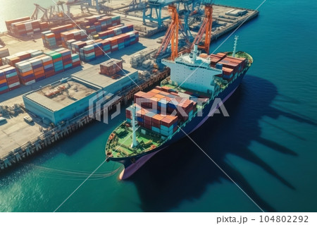 Aerial view of a cargo container ship. Fully loaded container ship against the background of a cargo terminal in a seaport, port cranes, railroads. Global freight logistics concept. 3D illustration. Aerial view of a cargo container ship. Fully loaded container ship against the background of a cargo terminal in a seaport, port cranes, railroads. Global freight logistics concept. 3D illustration. 104802292