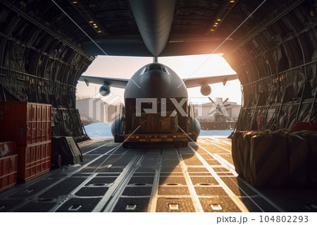 Loading transport aircraft in the hangar of cargo terminal. Large bales on the trolley ready for loading into the aircraft open cargo hold. Global freight transportation concept. 3D illustration. 104802293