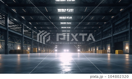 Large industrial warehouse. Tall racks along the walls, cardboard boxes on pallets. A huge warehouse is prepared for storage and sorting of goods. Global logistics concept. 3D illustration. 104802320
