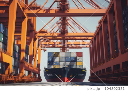 View from the ground to a huge port crane. Loading containers from cargo berth onboard a container ship. Global freight transportation and logistics concept. 3D illustration. 104802321