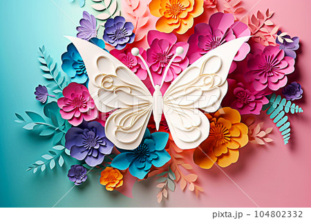 Blue Rose Paper flowers and butterfly on a beige background. papercraft. Selective focus.Generative AI 104802332