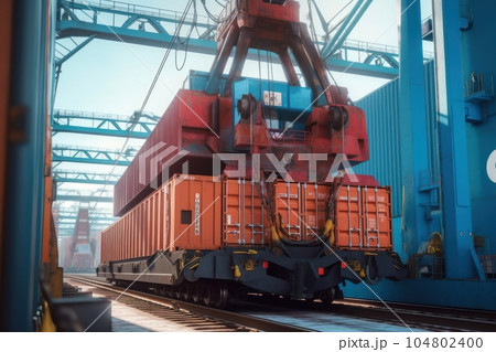 Port cargo terminal, transport hub. Port cranes reload cargo from a sea vessel into railway freight cars for further transportation. Global freight transport and logistics concept. 3D illustration. 104802400