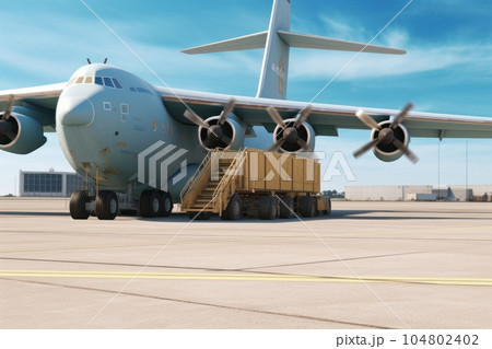 Loading a cargo plane at the airport. A cargo trolley delivering cargo to the jet on the airfield. International freight transport, airmail and logistics concept. 3D illustration. Loading a cargo plane at the airport. A cargo trolley delivering cargo to the jet on the airfield. International freight transport, airmail and logistics concept. 3D illustration. 104802402