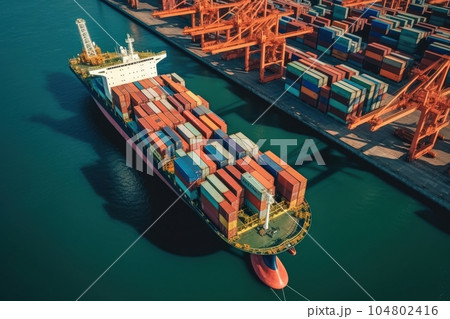 Aerial view of a cargo container ship. Fully loaded container ship against the background of a cargo terminal in a seaport, port cranes, railroads. Global freight logistics concept. 3D illustration. 104802416